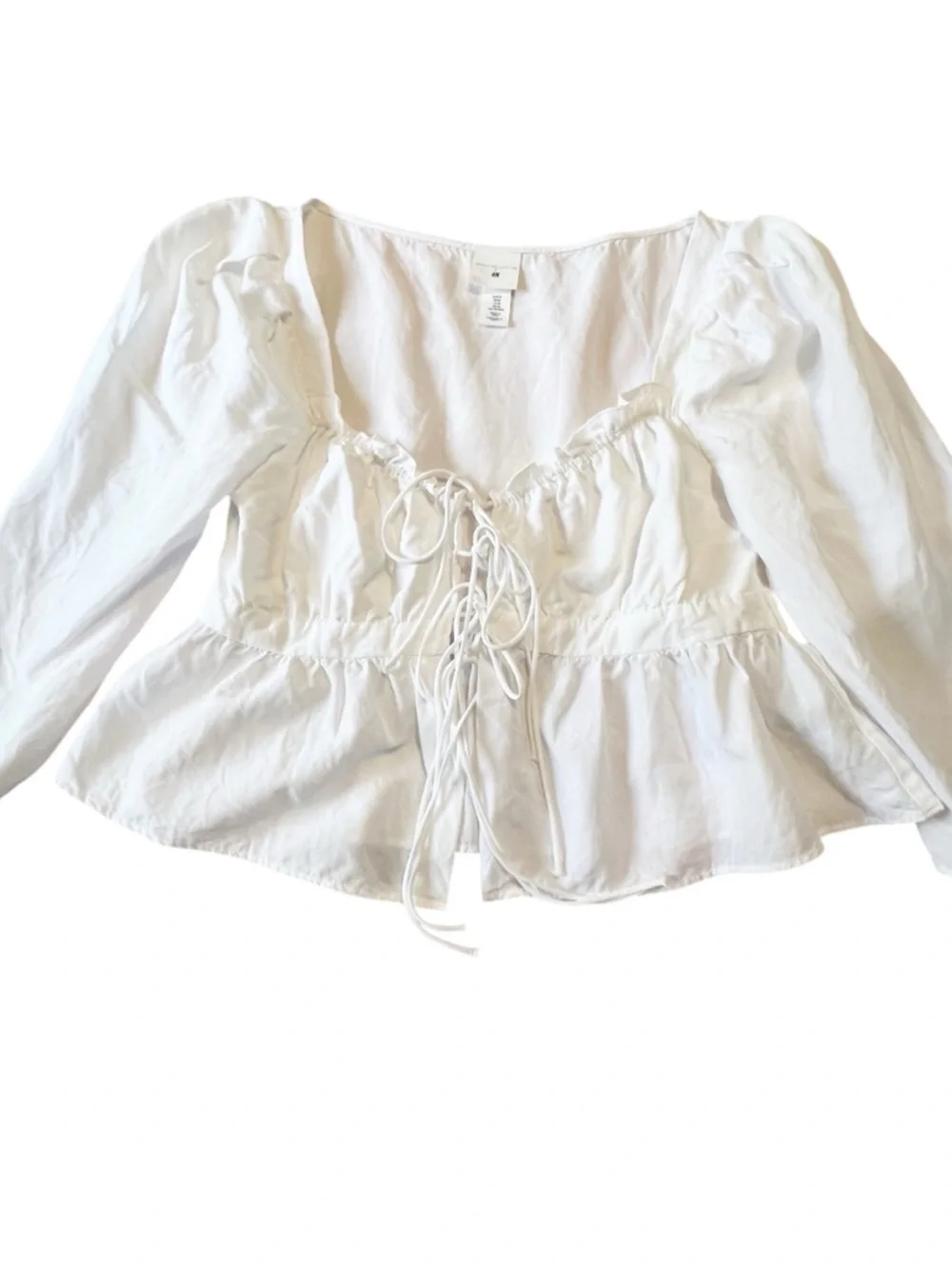 H&M x Brock Collection White Linen Blend Lace-Up Peasant Blouse M - Picture 2 of 9